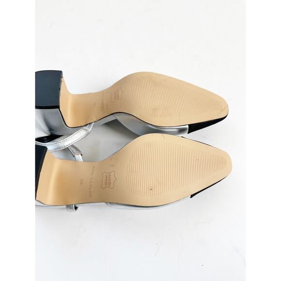 Ann Taylor Cap Toe Slingback Metallic Pumps - Size 7 Black Silver Leather - Picture 6 of 6